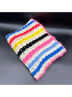 Vintage Handmade Afghan Crochet Blanket Rainbow Stripes Scallop Cozy Sofa Throw
